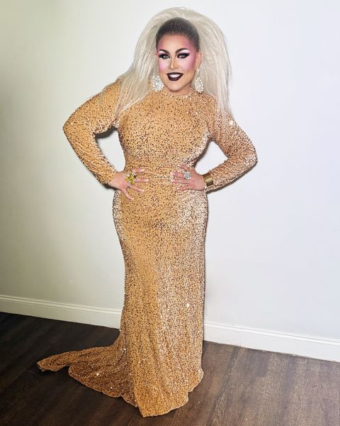 Abby in a gold sequin gown
